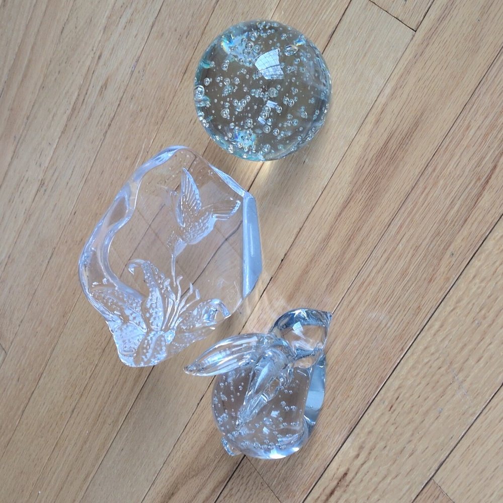 Clear glass heavy paperweights sphere Rabbit And Hummingbird Set Of 3